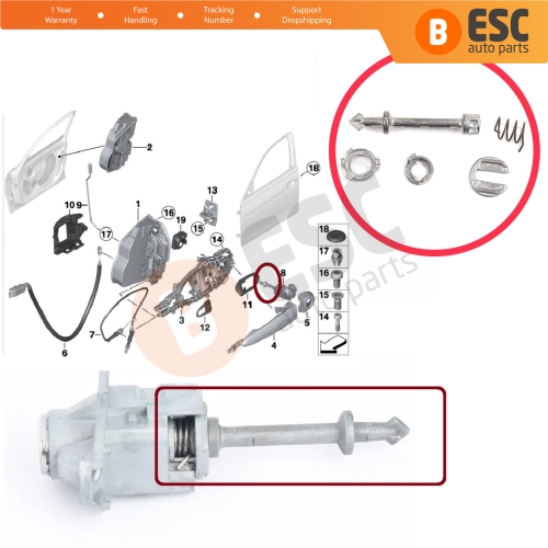 Front Left Door Lock Tumbler Barrel Repair Set 51217310733 for BMW X3 2017-2020 F30 F31 F80 2012-2019