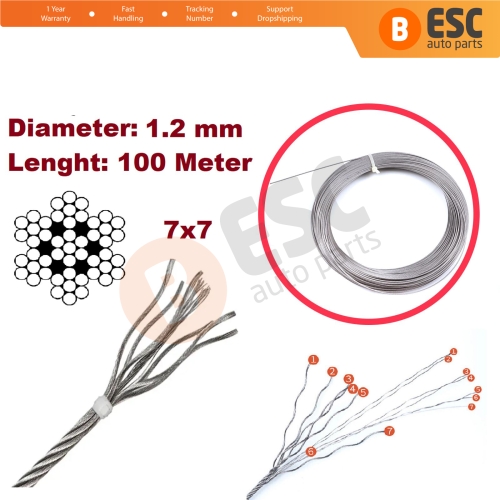 Door Hood Trunk Release Locking Latch Bowden Repair Cable AISI 304 Steel Wire Rope 7x7 Strands Diameter 1.2 mm Length 100 meter