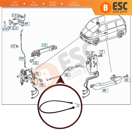 Inner Door Handle Release Lock Latch Bowden Cable Front 6387600404 for Mercedes Vito W638