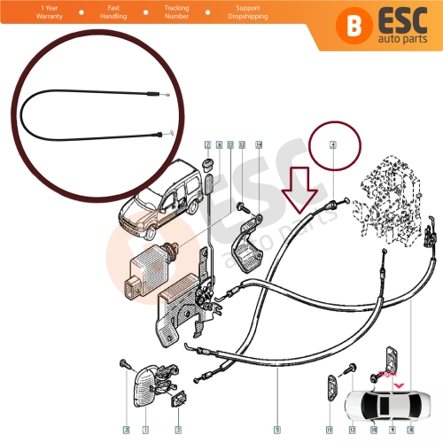 Right Sliding Inner Door Release Locking Latch Bowden Cable 8200182966 for Renault Kangoo MK1