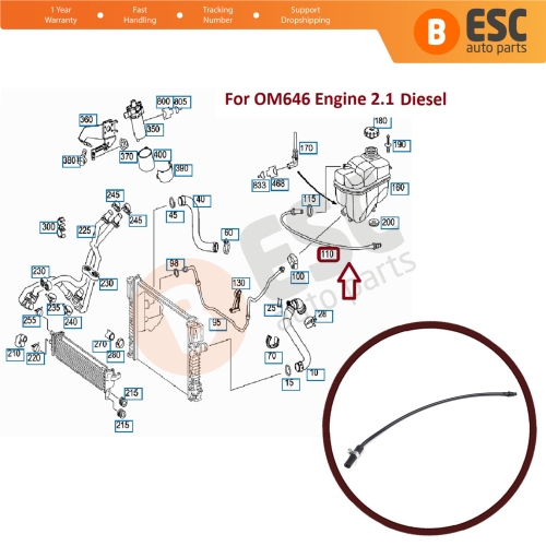 Engine Coolant Overflow Hose Vent Tube Breather Pipe 2115010225 for Mercedes E Class W211 OM646 Engine