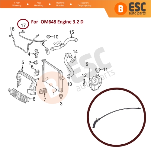 Engine Coolant Overflow Hose Vent Tube Breather Pipe 2115011525 for Mercedes E Class W211 E320 E280 OM648 Engine 3.2 D