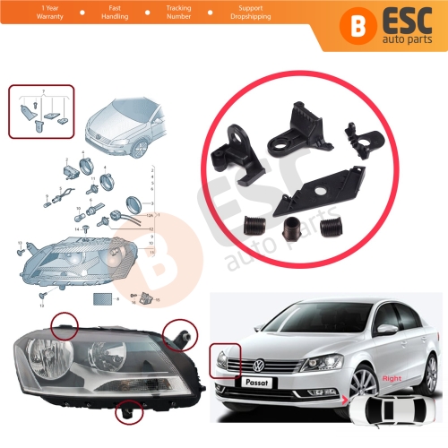 Headlight Holder Mount Repair Bracket Tab Set Right Side for VW Passat 3C B7 362 365 2011-2014 3AA998226