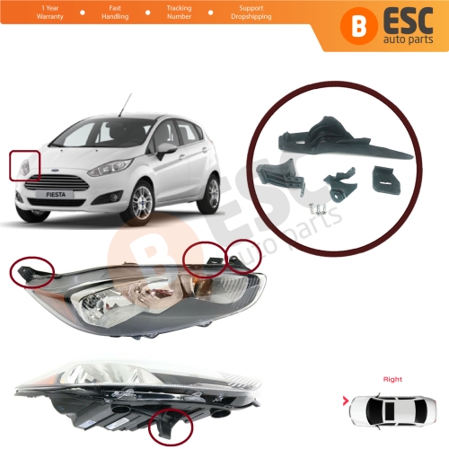 Headlight Holder Mount Repair Bracket Tab Set Right Side for Ford Fiesta B299 B409 B479 2013-2019 D2BZ13008L