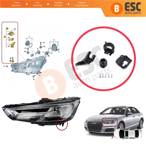 Headlight Holder Mount Repair Bracket Tab Set Left Side for Audi A4 B9 8W 8W5 8WD 8W2 8WC 2016-On 8W0998121