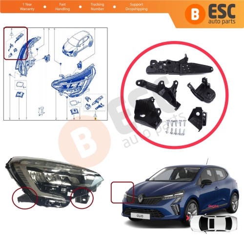 Headlight Holder Mount Repair Bracket Tab Set Right Side for Renault Clio MK5 B7 BF 2019-On 260E69870R