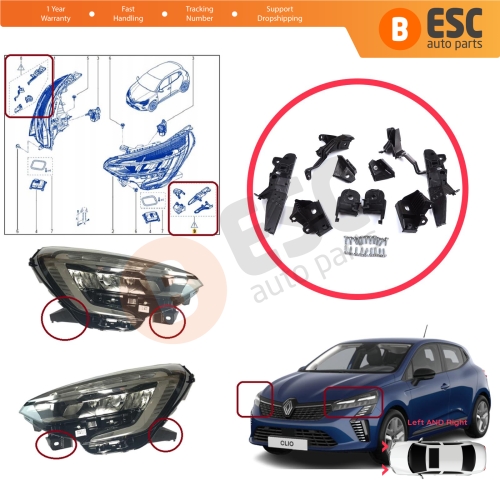 Headlight Holder Mount Repair Bracket Tab Set Left Right Side for Renault Clio MK5 B7 BF 2019-On 260E70544R 260E69870R