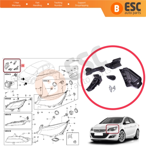 Headlight Holder Mount Repair Bracket Tab Set Left Side for Vauxhall Opel Astra J MK4 P10 2009-2015 4/5 Door GTC 2011-2018 13335737