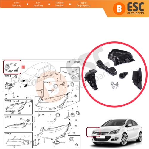 Headlight Holder Mount Repair Bracket Tab Set Right Side for Vauxhall Opel Astra J MK4 P10 2009-2015 4/5 Door GTC 2011-2018 13335737