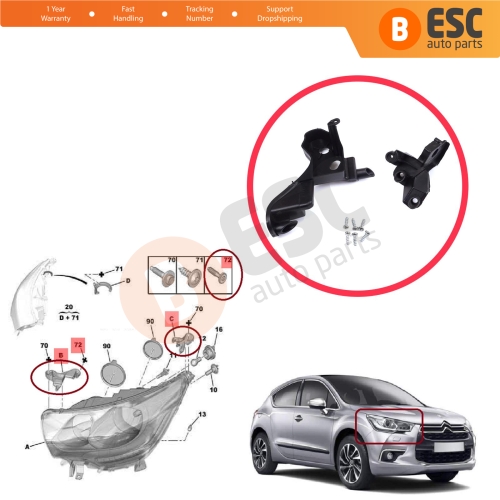 Headlight Holder Mount Repair Bracket Tab Set Right Side for Citroen C4 MK2 B7 NC 2009-2018 DS4 MK1 NX 2010-2015 6212H0