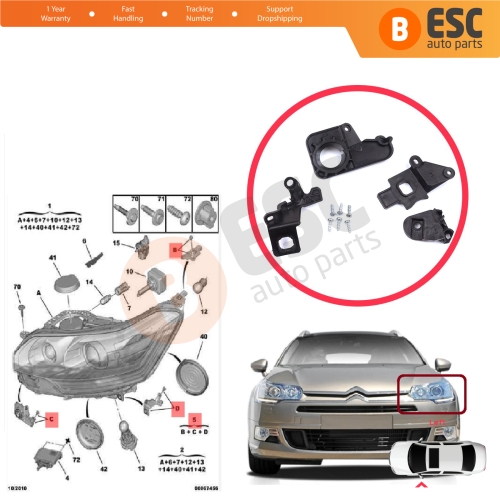 Headlight Holder Mount Repair Bracket Tab Set Left Side for Citroen C5 MK2 MK3 RD TD RW X7 2008-2017 6212F0