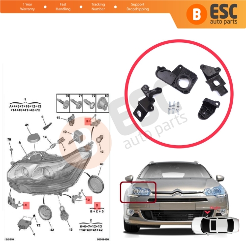 Headlight Holder Mount Repair Bracket Tab Set Right Side for Citroen C5 MK2 MK3 RD TD RW X7 2008-2017 6212F1