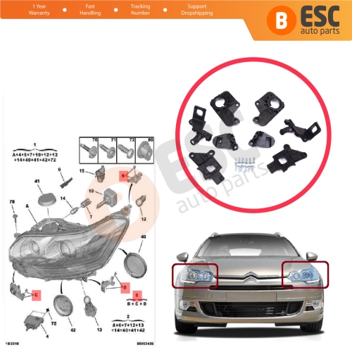 Headlight Holder Mount Repair Bracket Tab Set Left Right Side for Citroen C5 MK2 MK3 RD TD RW X7 2008-2017 6212F0 6212F1