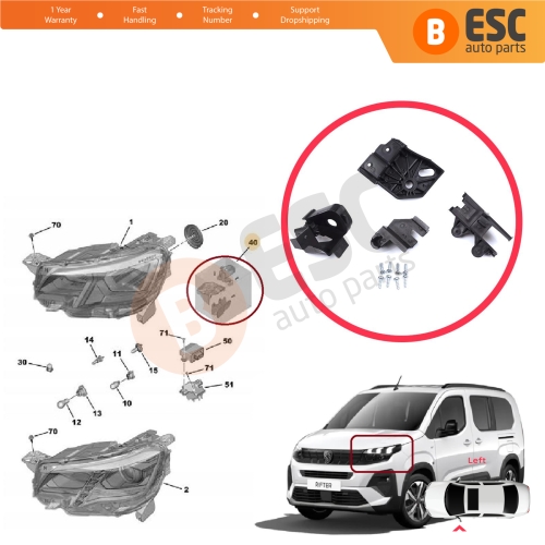 Headlight Holder Mount Repair Bracket Tab Set Left Side for Peugeot Rifter Partner K9 2018-On 9824199280