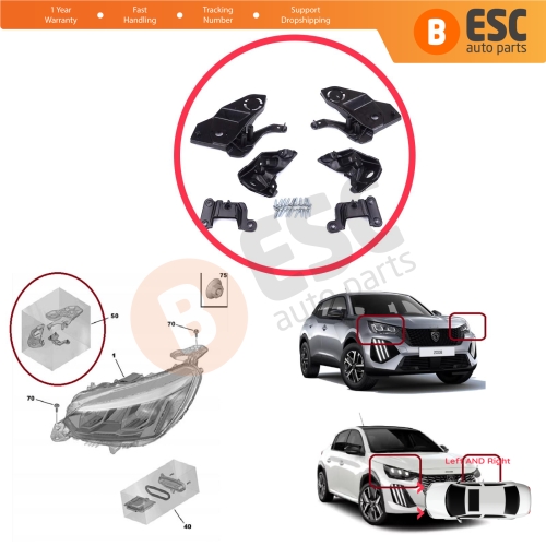 Headlight Holder Mount Repair Bracket Tab Set Left Right Side for Peugeot 208 e-208 MK2 P21 2008 e-2008 MK2 P24 2019-On 1656169580 1656169480