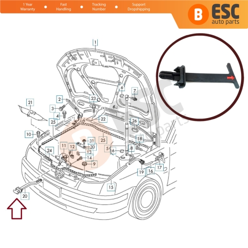 Bonnet Hood Latch Release Lever Pull Handle Rod 3B0823593D for VW Passat 2001-2005