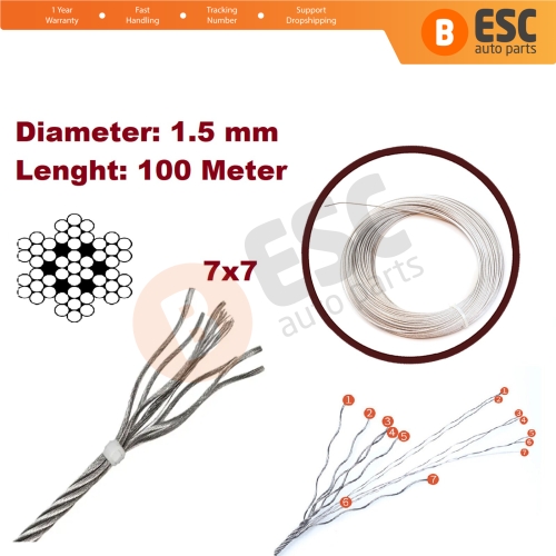 Window Regulator Repair Cable Steel Wire Rope 7x7 Diameter: 1.5 mm Length : 100 meter for Car Window Regulator